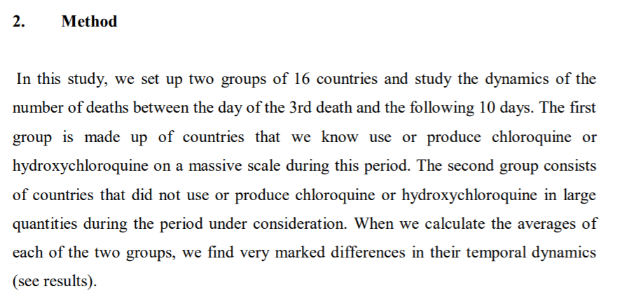 National Consumption of Antimalarial Drugs and COVID-19 Deaths Dynamics: An Ecological Study  https://www.medrxiv.org/content/10.1101/2020.04.18.20063875v1.full.pdfCompares explosiveness of early mortalities by CQ/HCQ usageMany confounders, most notably wealth. Would love to see comparison with next 16 non-HCQ countries