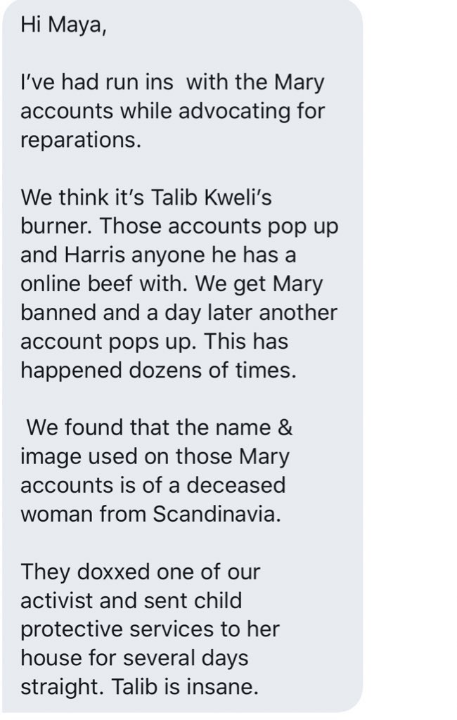 This is one of the many pictures mary posted with talib. Here are more of her hundreds of Twitter doxxing accounts. Many people think she’s Talibs burner account(s). Here are some other people they’ve doxxed (completely unrelated to me).