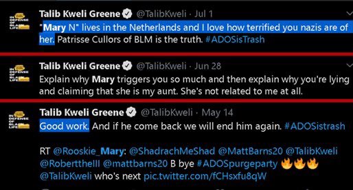 This is one of the many pictures mary posted with talib. Here are more of her hundreds of Twitter doxxing accounts. Many people think she’s Talibs burner account(s). Here are some other people they’ve doxxed (completely unrelated to me).