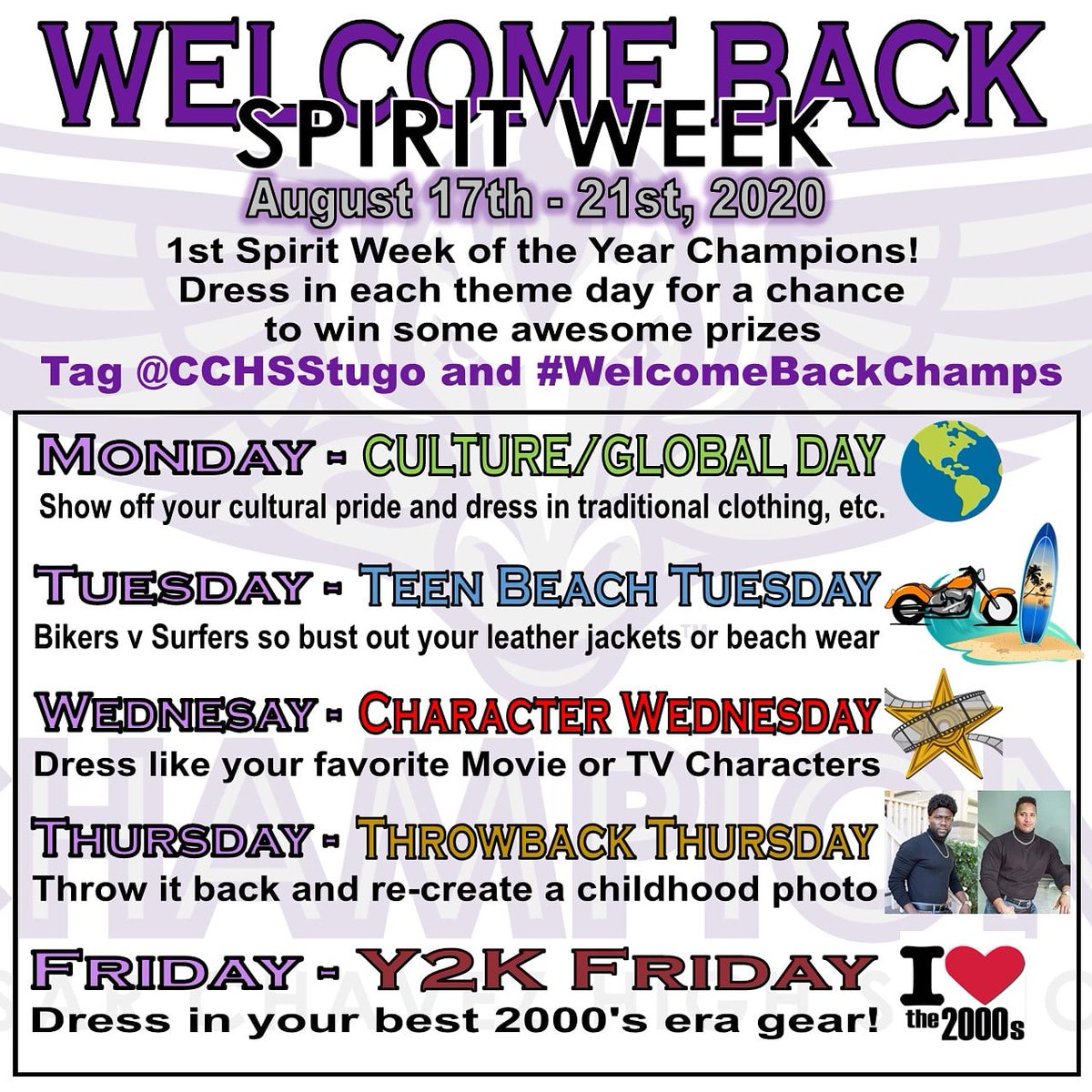 WELCOME BACK SPIRIT WEEK 2020 BEGINS TOMORROW!

Monday is Culture/Global Day - represent your culture or cultures from around the world!

Make sure to tag us <a href="/CCHSStugo/">CCHS Stugo</a> &amp; #WelcomeBackChamps for daily prizes and for a chance at the grand prize at the end of the week!