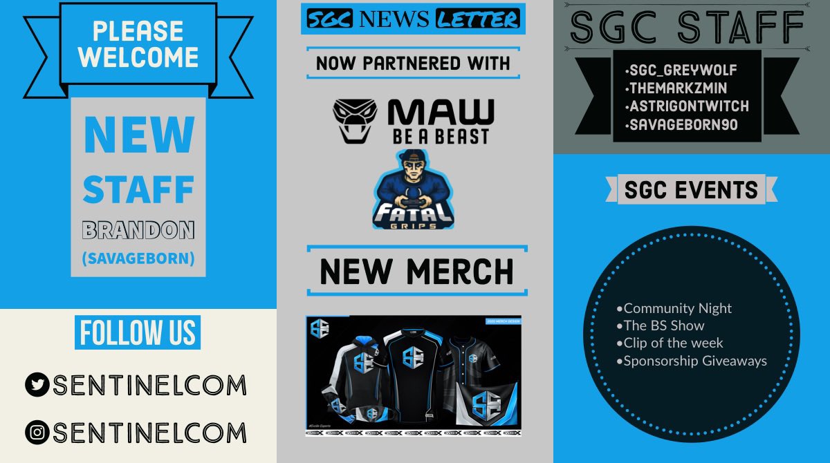 SentinelCom's tweet photo. SGC Announcement:)! 

We would like to announce that @brandon36319825 has joined SGC Staff as our new Admin|Mod! 

We are now partnerd with @mawenergy and @FatalGrips grips! 

@evo9x had also created our new Merch! 

#sgc #sgcfam #community #announcement https://t.co/q4HyLpZQla