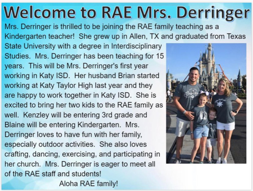 Aloha StingRAE Ohana! Let’s welcome our new to RAE family members <a href="/RAEinKaty/">Alexander Elementary</a> to our gRAEt community. Please welcome Mrs. Derringer. #raeinkaty #katyisd