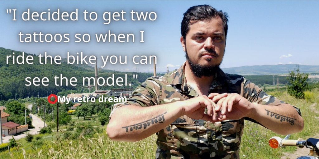 MyalismDocs's tweet photo. When you just gotta represent! #MZ #Trophy #retro #motorcycle 

Watch the #shortfilm ➡️ https://t.co/OmR7WD0Aok
Get to know more about Slavyan and what exactly is the reason he has two tattoos!

#shotonmobile #mojo #journalism #smartphone #filmmaking #reportage #interview https://t.co/NpnbpUcsS5