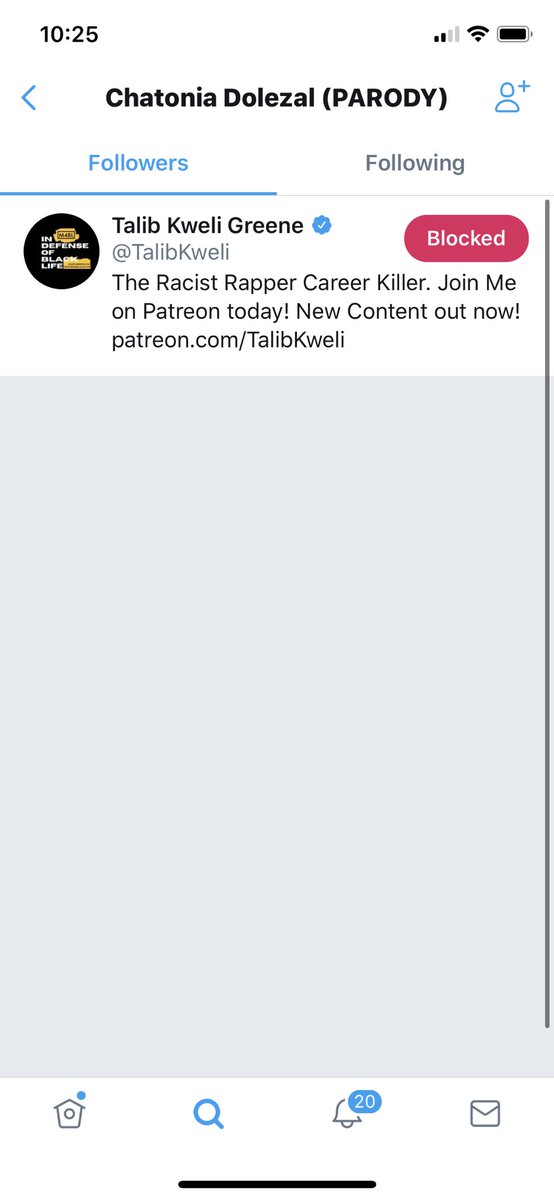 Each time she made a new account, her pinned tweet was promoting Kweli’s podcast and Patreon and her one single follower was Kweli.