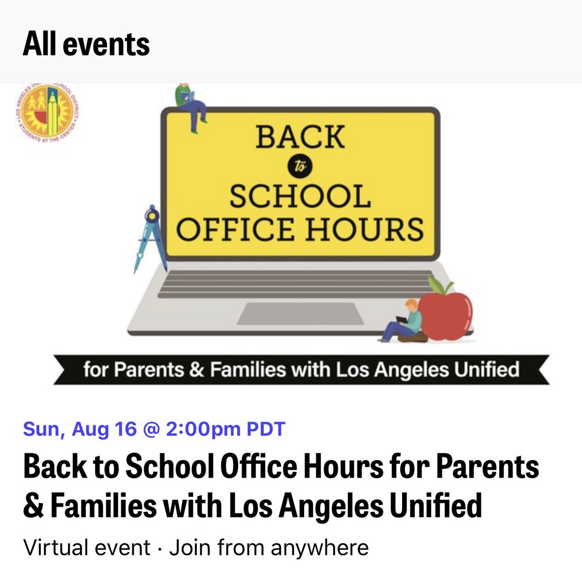 germainacademy's tweet photo. Please join the Los Angeles Unified for a series of office hours from TODAY through August 20. This time will provide information and resources for the first week of school. The schedule is available at: https://t.co/mhAlW0ux5d. https://t.co/of3j6RYKtJ
