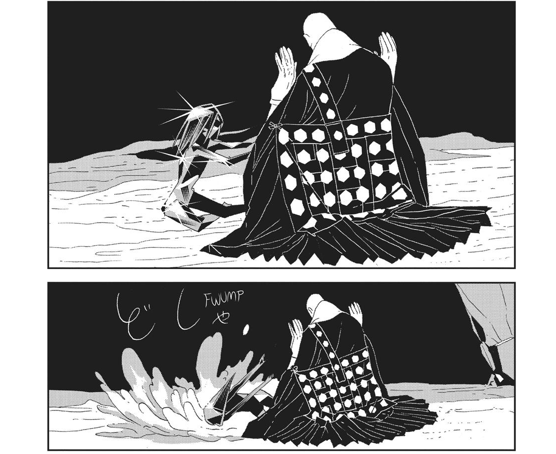 I believe, that Kongou witnessing nature giving birth to a life for the first time was the main cause of his change in perspective. By nurturing life itself with this own hands, he lost the will and reason to extinguish it with a clasp and prayer.