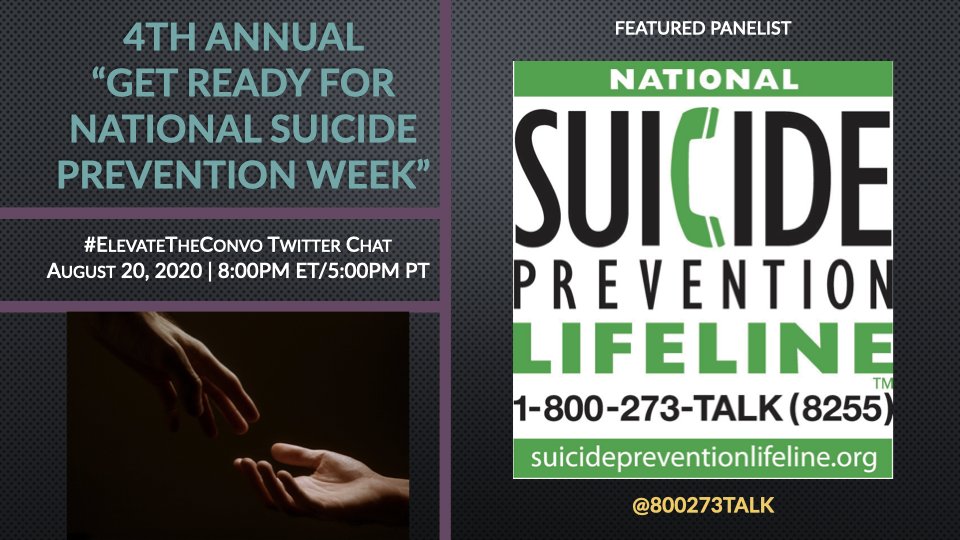 sspencerthomas's tweet photo. SAVE THE DATE: Thurs, Aug 20th 8PM @800273TALK will help us #ElevateTheConvo on National #SuicidePrevention Week #NSPW &amp; #WSPD2020. #BeThe1To #BeThere. More: https://t.co/8LKaUzi6vm @vibrantforall @JohnDraper13 @samhsagov @distressline @Vetera#YouMatter #HopeHappens #mentalhealth https://t.co/4WIjIXLYWZ