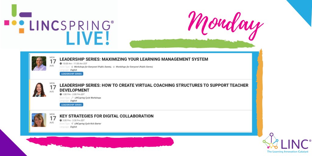 LINC_PD's tweet photo. We've prepared a great #LINCspring Live! lineup this week to prepare leaders and teachers for #remotelearning or #hybridlearning teaching and learning! Check out @deelanier, @CarolynHanser and @KateTechCoach tomorrow! #bit.ly/LINCLive https://t.co/1020c1gdV5