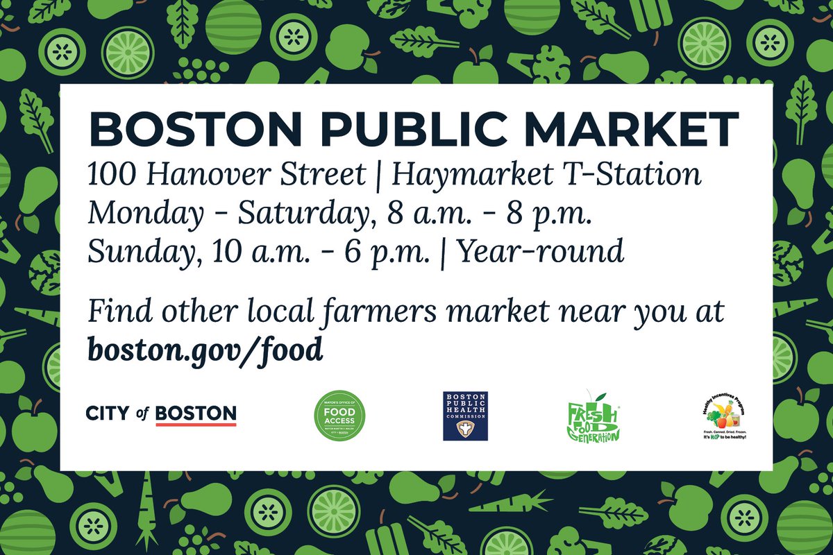 BOSfoodjustice's tweet photo. Boston Public Market is open YEAR ROUND from Monday-Saturday 8am-8pm and Sunday 10am-6pm, located at 100 Hanover St, Downtown near Haymarket T Stop on the orange line. #FarmFreshBOS #BOSfoodaccess #farmersmarket https://t.co/pjsIl7bb13