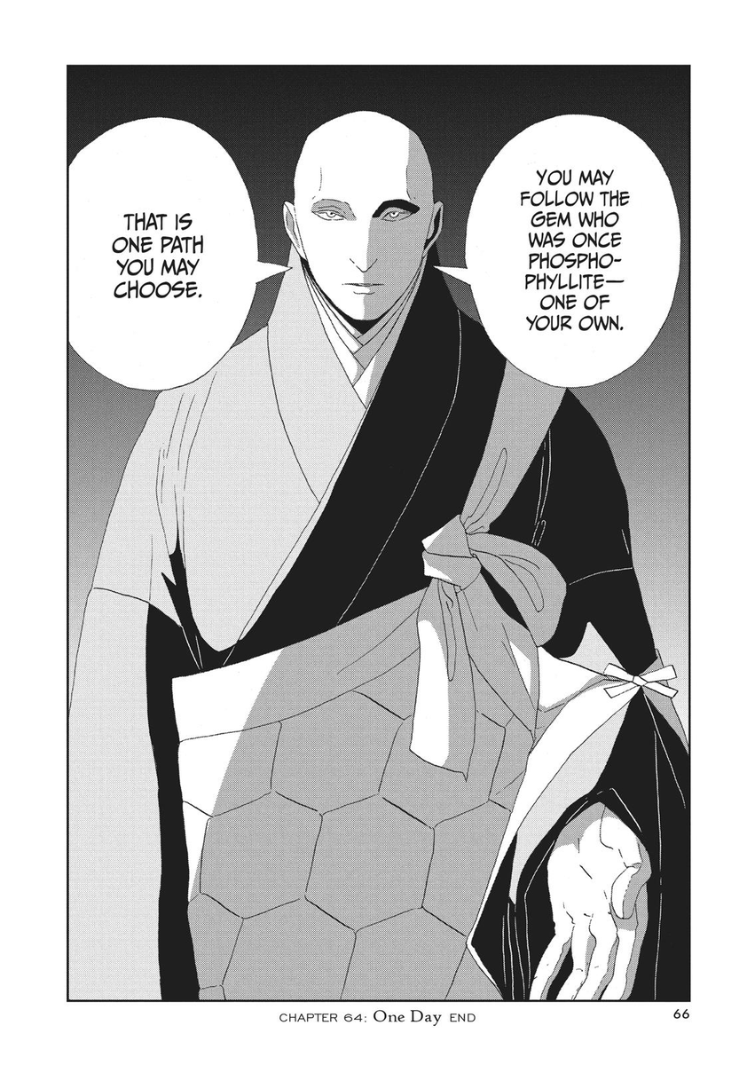 and suggests to the remaining Earth gems to just abandon him.At this point, it's still unclear which direction the story's heading towards, but now that I've considered many things it could be a possibility for Phos reaching the same view towards life as Kongou.