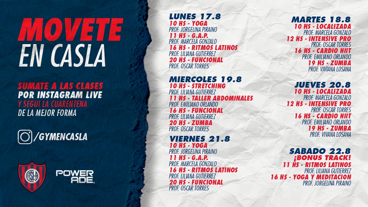 SanLorenzo's tweet photo. #MoveteEnCASLA 🔵🏠🔴

😉 ¡Atención, Cuervas y Cuervos, que mañana arranca una nueva semana de clases por IG Live! 👇

📲 https://t.co/CVx93FCGHH

💃🕺 Zumba
🧘‍♀️🧘‍♂️ Yoga
🏋️‍♀️🏋️‍♂️ Funcional
🤸‍♀️🤸‍♂️ Stretching
 🦵 Cardio HIIT

📅 Chequeá la agenda completa hasta el sábado 👇 https://t.co/3FwHglOneu