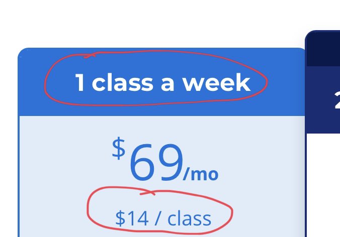 teresahelsten's tweet photo. @lingoda how do you figure this $ per class? $69/$14 per class = 4.9 classes, but it’s only one class per week, so there are 4.9 weeks per month?!  1 class/week for 52 wks at $69/month would be $15.9/class. Similar problem with the 2-3 classes per month offer... https://t.co/FBpYLjM6NH