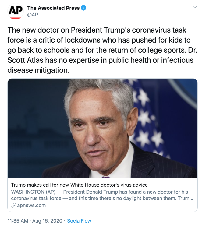 MZHemingway's tweet photo. If they liked him, AP would describe Atlas as the Wesson Senior Fellow at Stanford University’s Hoover Institution where he investigates impact of gov't and private sector on health care quality, &amp; is frequent policy advisor to gov't officials and policymakers in US &amp; world. https://t.co/zvy2rKXYYk
