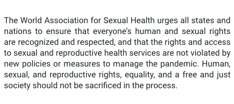 sexualhealthday's tweet photo. Part of the WAS statement on "Sexual Rights in the context of the global COVID-19 crisis" that you can find as one of many great resources on our page
https://t.co/ntzHhYsf7K
#WorldSexualHealthDay2020 #WSHD2020 #SexualPleasureCovid #pleasurematters #pleasureisprogress https://t.co/SMA7NTsHrK