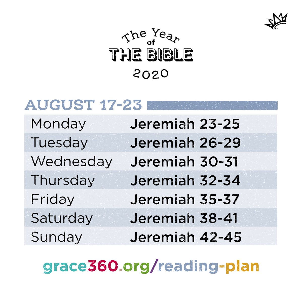 Reading the Bible in 2020 with Grace? Here are the chapters for this week. Check out grace360.org/reading-plan for details on how to start this plan on your phone or tablet or to download a copy of the entire plan.