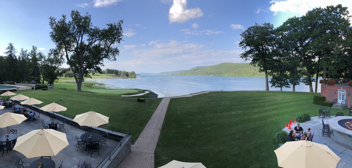 The panoramic and picturesque view of Lake Otesaga from the terrace of the historic ⁦<a href="/Otesaga/">Otesaga Resort Hotel</a>⁩ of Cooperstown - where we were treated like HOFers.  No wonder that’s where they stay during ⁦<a href="/baseballhall/">National Baseball Hall of Fame and Museum ⚾</a>⁩ induction weekend.