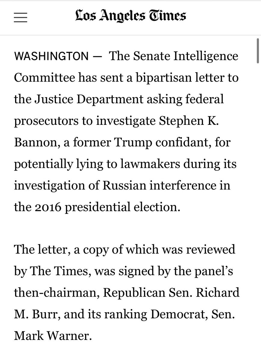 Folks… https://www.latimes.com/politics/story/2020-08-14/senate-committee-sought-investigation-of-bannon-raised-concerns-about-trump-family-testimony