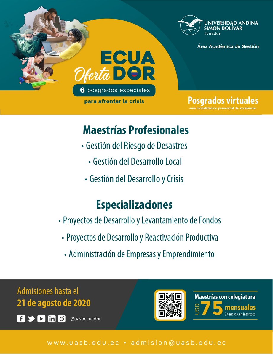 GestionUASB's tweet photo. 🔴 El ÁREA ACADÉMICA DE GESTIÓN de la @uasbecuador comprometida con la REACTIVACIÓN MULTIDIMENSIONAL del Ecuador 🇪🇨 ofrece un paquete de "programas de posgrado" que, interactivamente, buscan contribuir a mejorar la situación socioeconómica del país.
➡️ https://t.co/aGJ9spO6XV https://t.co/oORSe8AvWA