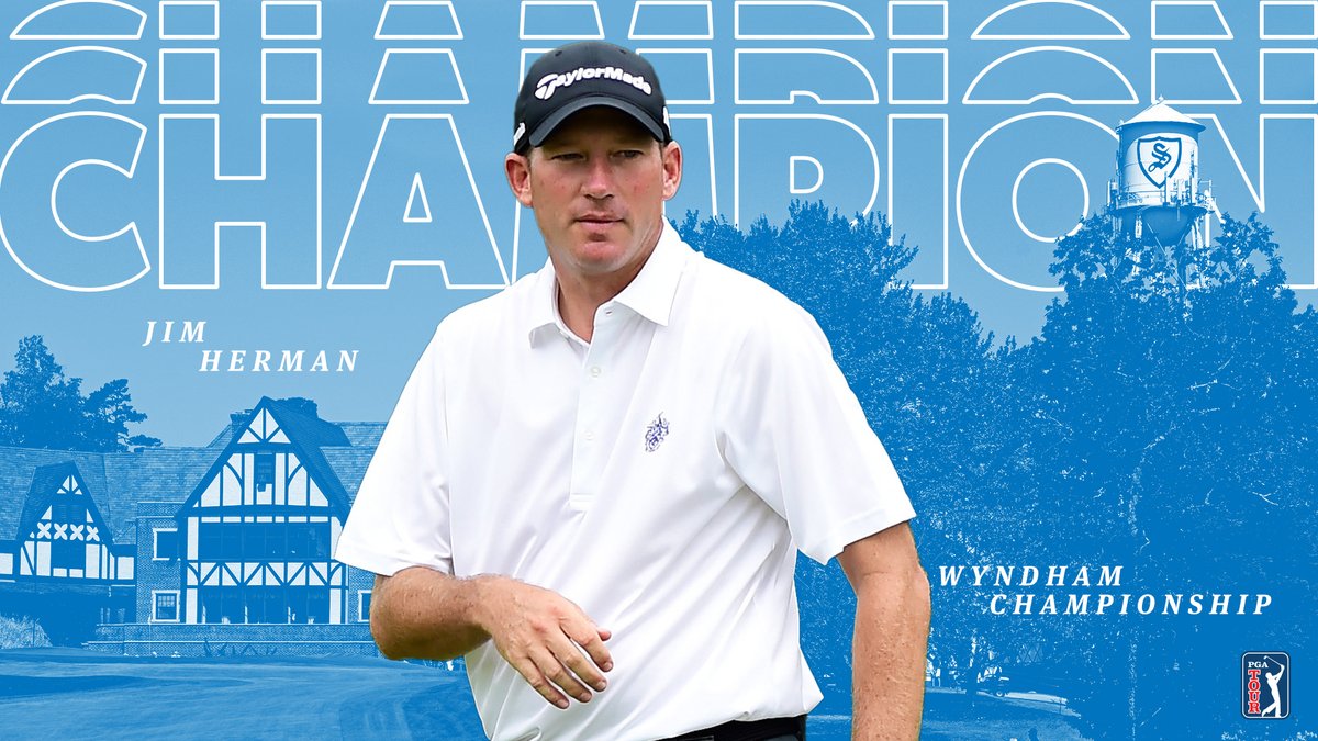 PGATOUR's tweet photo. Jim Herman picked up his first career win at age 38.

Now, at age 42, he has three. 🏆🏆🏆

@GoHermie has won @WyndhamChamp! https://t.co/aNNv4neTPC