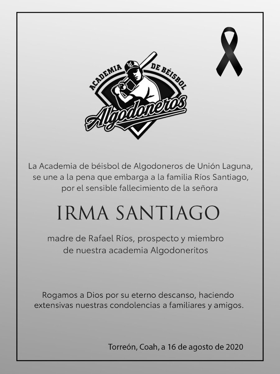 AAlgodoneritos's tweet photo. Nos unimos a la pena que embarga a nuestro prospecto, Rafael Ríos Santiago por la lamentable pérdida de su madre, Irma Santiago.
Descanse en paz 🙏🏻 https://t.co/4f2NXerOVA