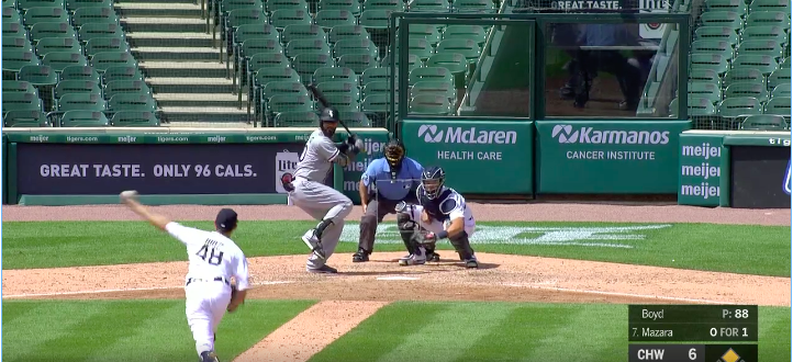 (4.8 inches). 84% of the pitches he has thrown in 2020 have been 4-seamers or sliders.Hitters, I would suspect, are instructed by their coaches to watch video of Boyd's ff and sl rps.Boyd releases his slider lower and closer to the first base side, as can be seen below.