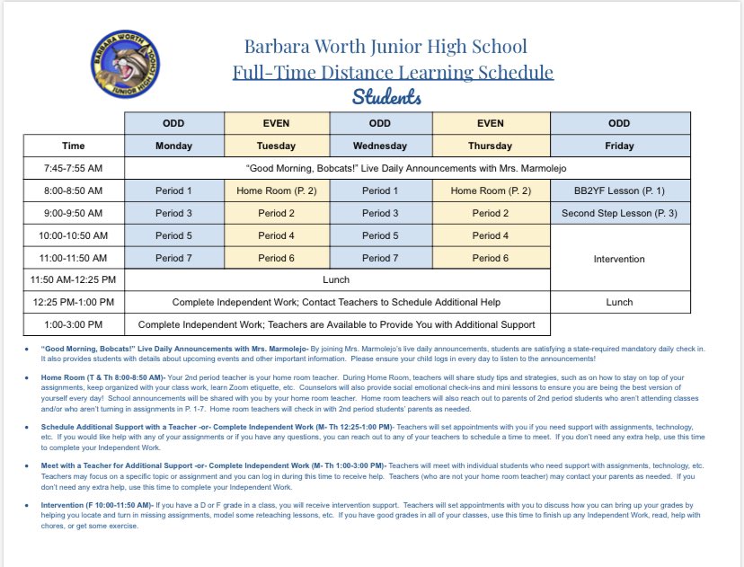 Barbara Worth JHS (@barbaraworthjhs) on Twitter photo Student Daily Schedule Student Daily Schedule