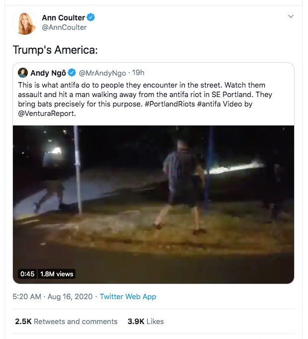 ADDENDUM:See?Coulter is also a fascist who wants Trump to occupy American cities with the armed forces.Not only NOT "Trump's America," not even AMERICA.It's a handful of leftist CITIES.Coulter wants Republicans to AGAIN save Democrats from themselves. No way.