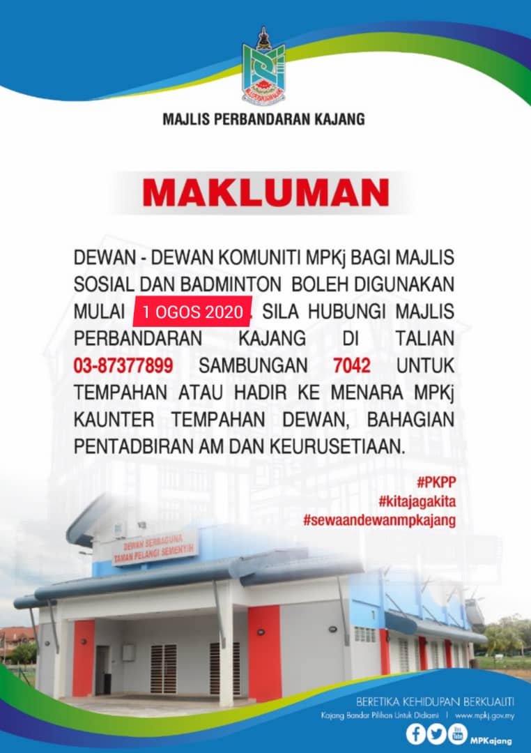 SemuaDewan-dewan Komuniti MPKj telah kembali dibuka. Hubungi Kaunter Tempahan Dewan untuk mengetahui SOP tambahan sepanjang tempoh PKPP.