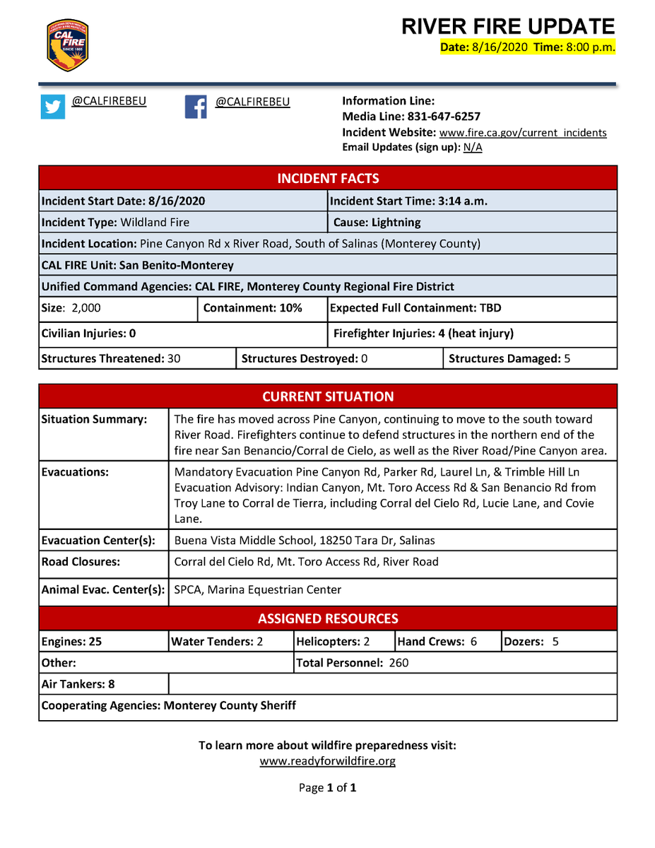 CALFIREBEU's tweet photo. #RiverFire [update] S of Salinas (Monterey Co) now 2,000 acres, 10% contained. Mandatory Evacuation for Pine Canyon Rd, Parker Rd, Laurel Ln, &amp; Trimble Hill Ln. Evacuation advisory remains for Mt. Toro Access Rd &amp; San Benancio Rd from Troy Ln to Corral de Tierra, &amp; Indian Springs https://t.co/t2ZRS253S4