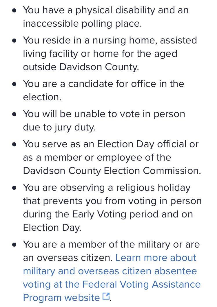 To review re: absentees, here is the info you need!1) Explanation as to who qualifies from county election commission websites & SOS.  https://twitter.com/lisaquigleytn/status/1295040240118366208