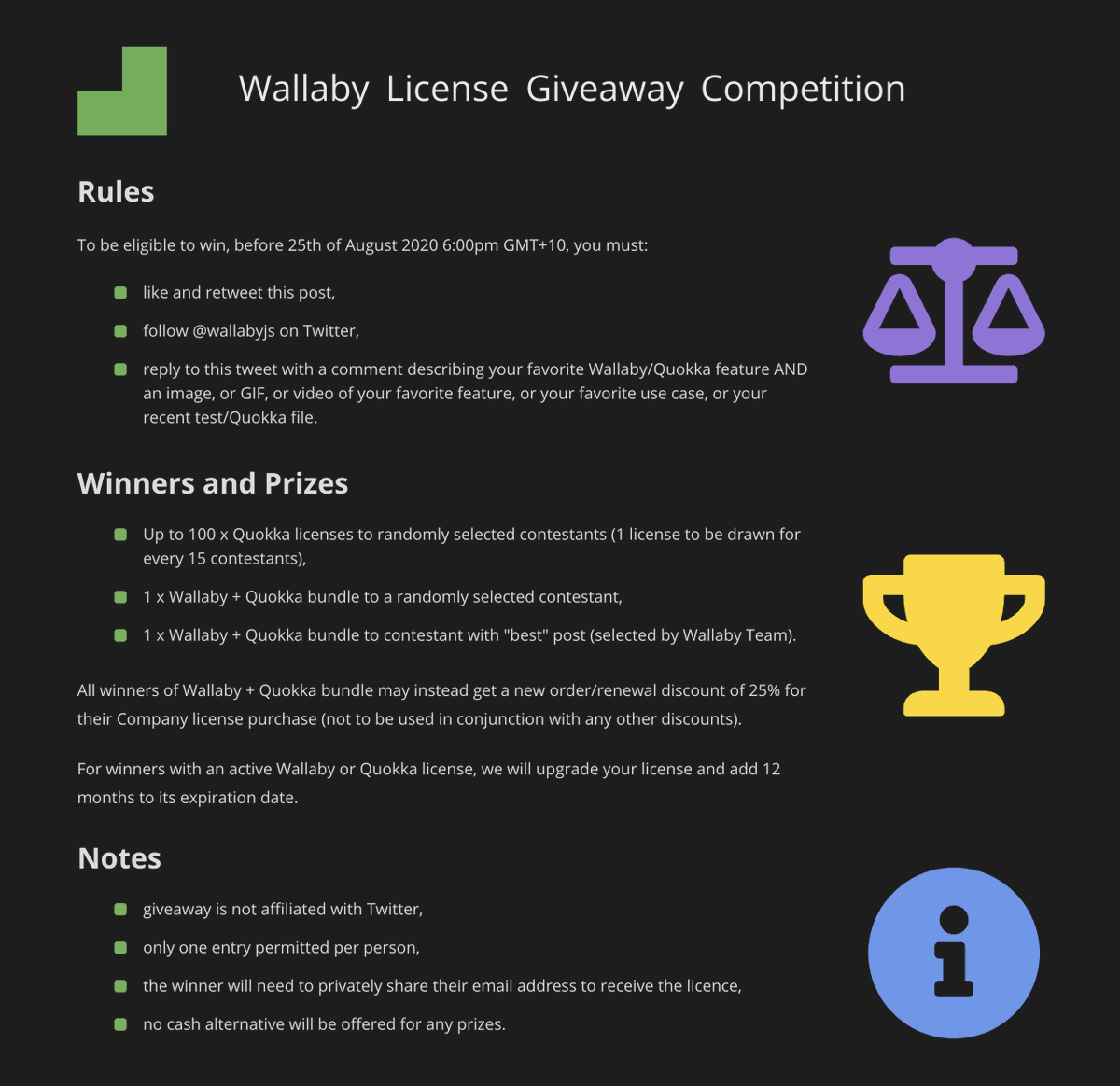 wallabyjs's tweet photo. 🎉 Wallaby License Giveaway (worth up to $5000 USD) 🎉

💚 Up to 100 x Quokka licenses (1 license drawn for every 15 contestants)

💚 2 x Wallaby + Quokka licenses (or 25% company license discount) for 1 x random contestant and 1 x "best" post

See rules in the attached image https://t.co/G8kgHUN2cx