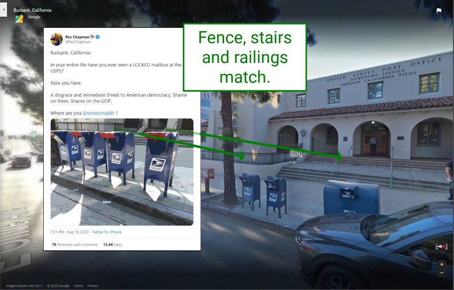 While the mailboxes in Google Street View's most recent capture (2017) are different, a quick comparison makes it clear that it's the right location. This is the downtown Burbank, Calif. post office (135 E Olive Ave):