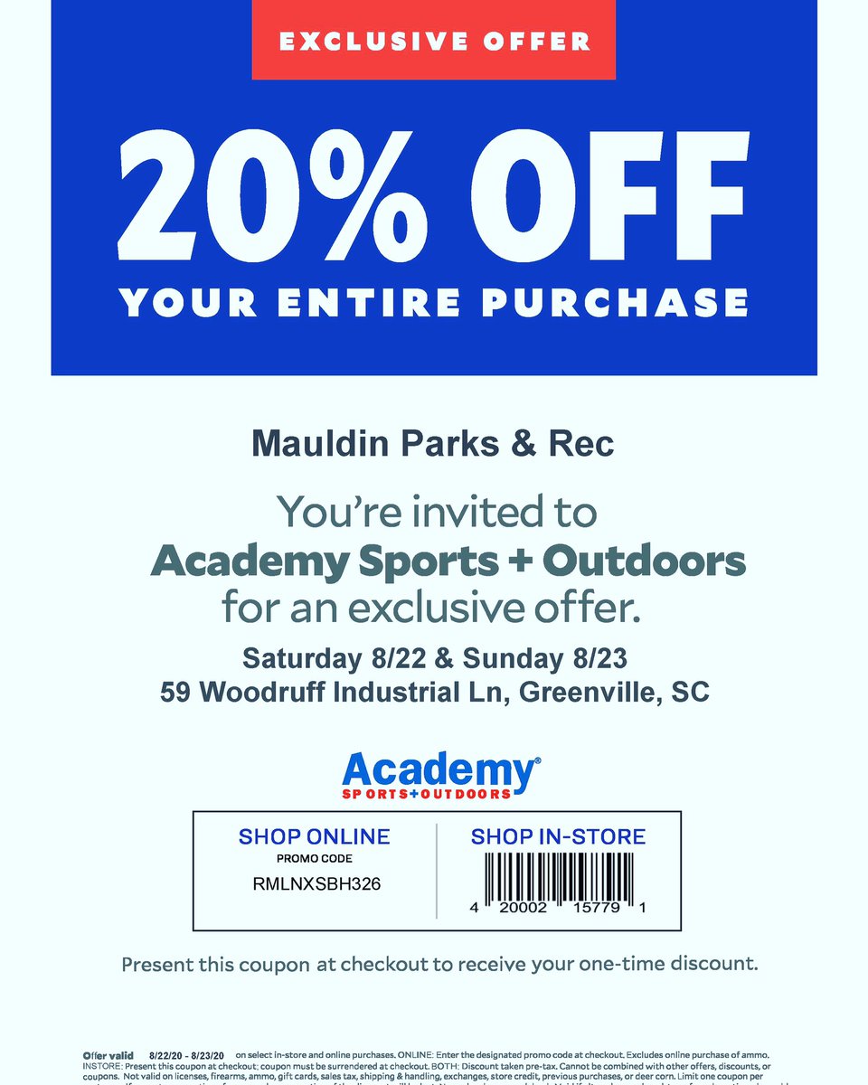 Mauldin Recreation (@mauldinrec) on Twitter photo Mauldin Recreation Shop Day at Academy Sports <a href="/academy/">Academy Sports + Outdoors</a> on woodruff road. August 22nd & 23rd. You may shop online as well.
<a href="/MauldinRec/">Mauldin Recreation</a>
<a href="/cityofmauldinsc/">City of Mauldin</a>
<a href="/Academy/">Academy Sports + Outdoors</a> Mauldin Recreation Shop Day at Academy Sports <a href="/academy/">Academy Sports + Outdoors</a> on woodruff road. August 22nd & 23rd. You may shop online as well.
<a href="/MauldinRec/">Mauldin Recreation</a>
<a href="/cityofmauldinsc/">City of Mauldin</a>
<a href="/Academy/">Academy Sports + Outdoors</a>