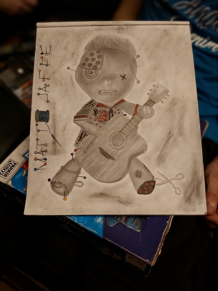 SamLDerry's tweet photo. So here we have a drawing of @MattJaffeMusic in the Form of a #PinDoll which my boy drew as Requested by @bodbolam .
How Talented is my boy? He was 17 in March ❤ https://t.co/PG1sr45YX6