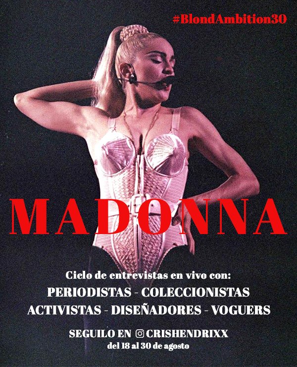 CRISHENDRIXX's tweet image. Del 18 al 30 de agosto #BlondAmbition30

Será un ciclo de entrevistas en vivo con periodistas, coleccionistas, activistas, diseñadores y voguers en el que charlaremos sobre aspectos claves de la gira que vino a cambiar para siempre el sentido de los conciertos en vivo.

#madonna