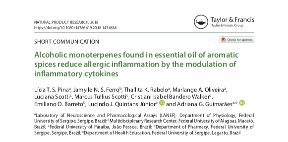 InctNim's tweet photo. Short communication: Alcoholic monoterpenes found in essential oil of aromatic spices reduce allergic inflammation by the modulation of inflammatory cytokines. | @emilbarreto2 | via @tandfonline 
#Monoterpens #Citronellol #Carvacrol #Inflammation #Asthma
https://t.co/30Bpy2E5om https://t.co/5NwAUQ3NeQ