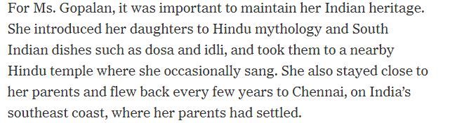First time I have seen it mentioned in an MSM story that Kamala's mother felt it was important to impart her Indian heritage and Hindu identity to her daughters: