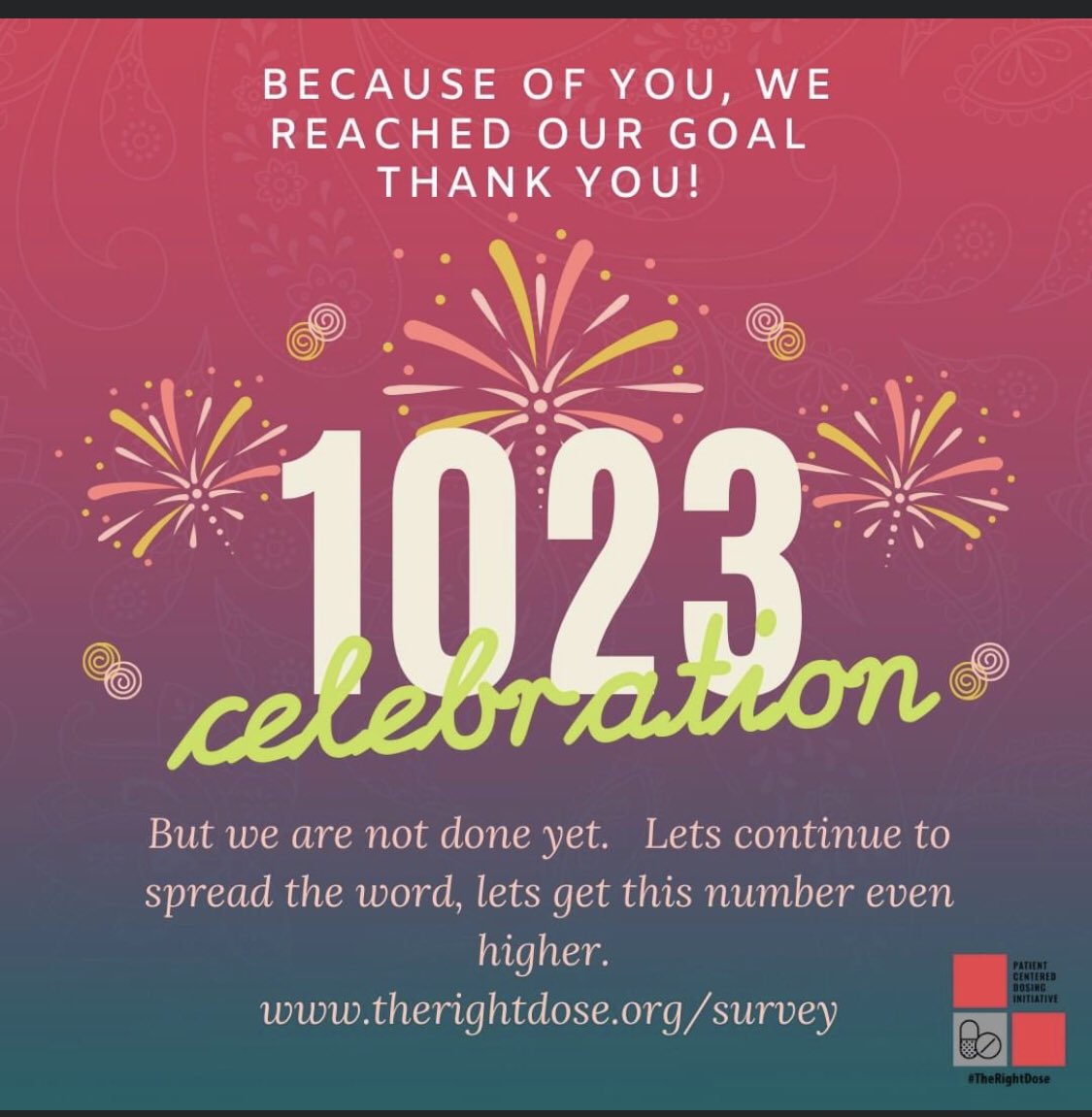 A heartfelt THANK YOU for helping us reach our initial goal. We have extended our survey for another week. Please visit therightdose.org and take the survey. If you have other MBC friends please share this with them! #therightdose #metastaticbreastcancer #bcsm #metavivor