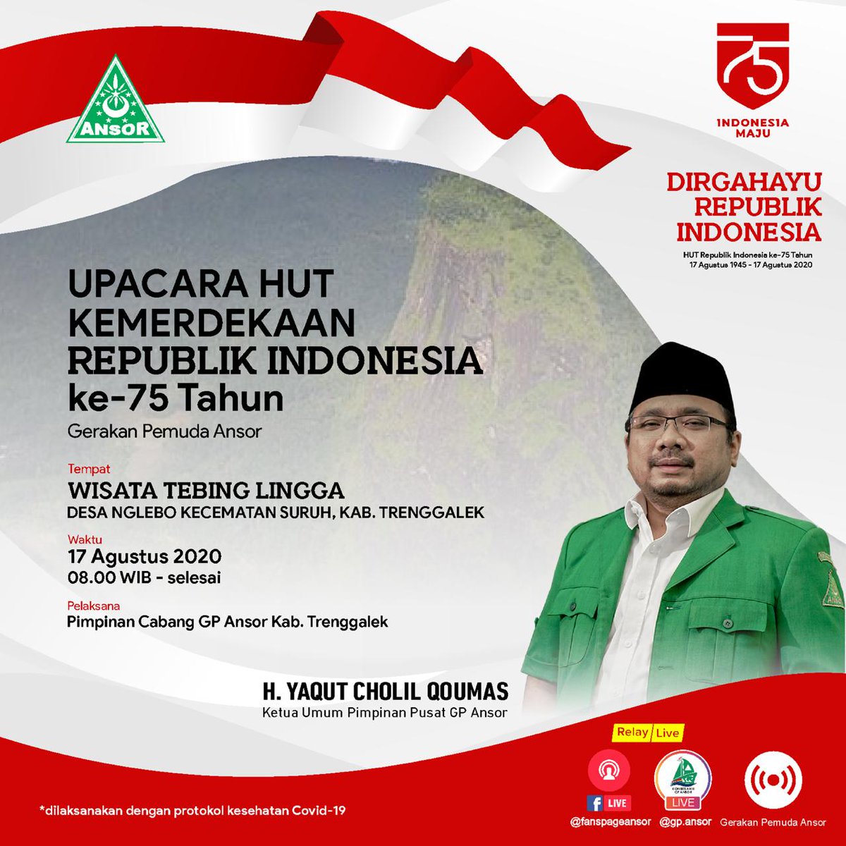 GP Ansor Selenggarakan Upacara HUT Kemerdekaan Republik Indonesia Ke-75 di Wisata Tebing Lingga, Kab. Trenggalek.

Kegiatan ni disiarkan scara langsung melalui kanal sosmed <a href="/Official_Ansor/">Gerakan Pemuda Ansor</a> dan dilaksanakan dg protokol kesehatan Covid-19.

#AnsorBanserBrebes 
#DirgahayuIndonesia