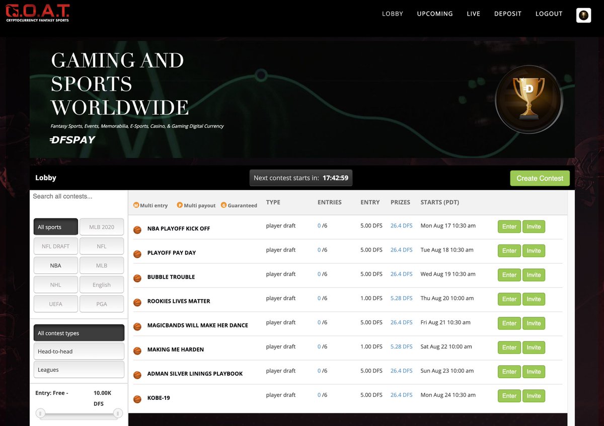 NBA Playoffs are finally here❗️

PLAY NOW on #GOATFANTASY

GOATFANTASY.COM is bringing the heat 🔥

✅ #NBA  rosters updated 
✅ $DFS Accepted
✅ #WholeNewGame 

#FANTASYSPORTS #CRYPTO #GAMING #NBABUBBLE #DFSPAY