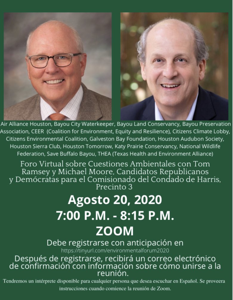 The SGA would like to invite you to the Environmental Issues Virtual Forum with Tom Ramsey &amp; Michael Moore, Republican and Democratic Candidates for Harris County Commissioner, Precinct 3 on August 20th! Register in advance to attend - link is in our bio! 🐾