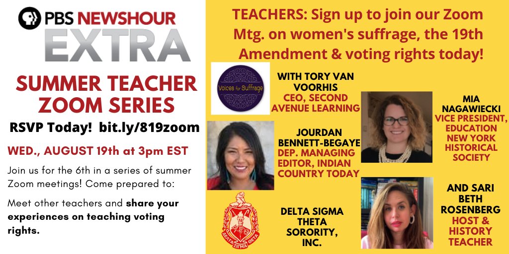 NewsHourExtra's tweet photo. EDUCATORS! Did you know it's the 100th anniversary of the #19thAmendment this week?

Come celebrate women's suffrage while also learning about the challenges of voting rights on *WED. 8/19 3pm ET* via PBS @NewsHour EXTRA's Summer Teacher Zoom series.

RSVP https://t.co/GqAuVT9PF6 https://t.co/8s5PrEafRb