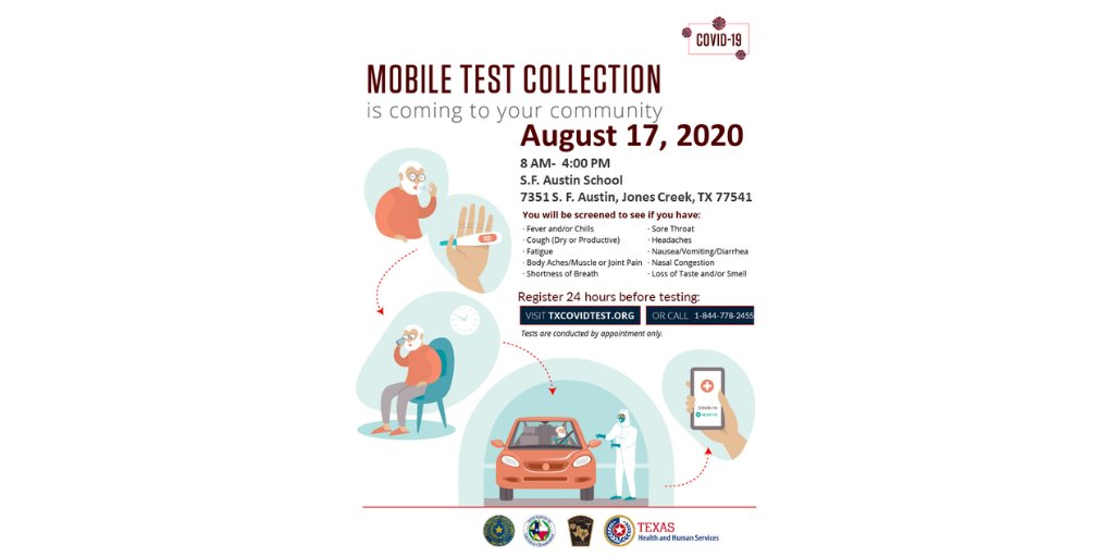 BrazoriaCounty's tweet photo. FREE mobile #COVID19 testing will be available at S.F. Austin School in Jones Creek on Monday, August 17th. Tests will be conducted by appointment only.

Appointment registration opens today August 16th. To register, visit  https://t.co/wHPVLsclvv or call 1.844.778.2455. https://t.co/lSlRhCGsKI