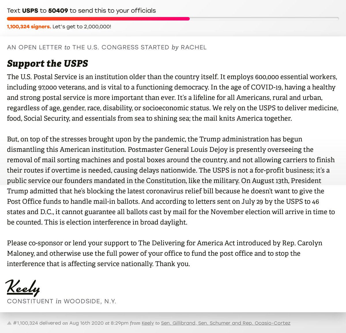 🖋 Sign “Support the USPS” and I’ll deliver a copy to your officials: x.com/messages/compo…

📨 No. 1,100,324 is from Keely to <a href="/GillibrandNY/">Sen. Kirsten Gillibrand</a>, <a href="/SenSchumer/">Chuck Schumer</a> and <a href="/RepAOC/">Rep. Alexandria Ocasio-Cortez</a> #NY14 #NYpolitics #NYpol #SaveTheUSPS