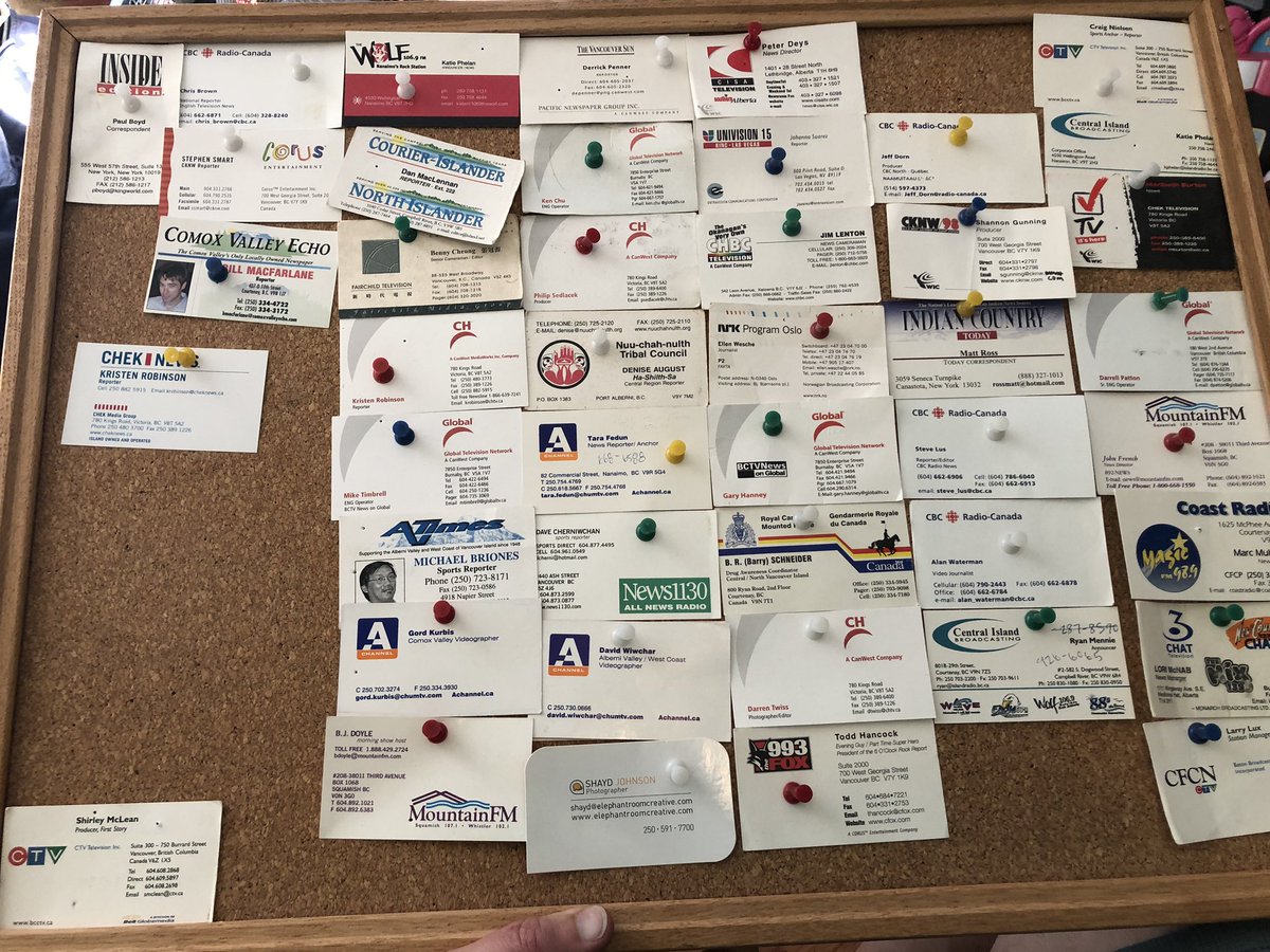 Kendall_Hanson's tweet photo. There was a time when I collected colleagues business cards. Just pulled this out of storage after more than a decade. Lots of changes in #BCJournalism. Recognize any names @stevecbc @derrickpenner @KRobNews1 @MikeBrionesJr @PhilipSedlacek https://t.co/V1jWLTRDQz
