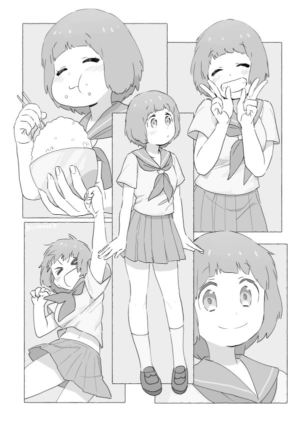 デザインの参考にしたのはアニメ「キルラキル」の満艦飾マコ。アニメが終わってからハマったので、私の絵柄がだいぶ本家から離れてしまってますけど、ふわっふわな見た目に反してどえらいズレた性格の子だけど友達思いの行動力天元突破な女子高生!笑顔とかそのまんまパーツ使ってますが→