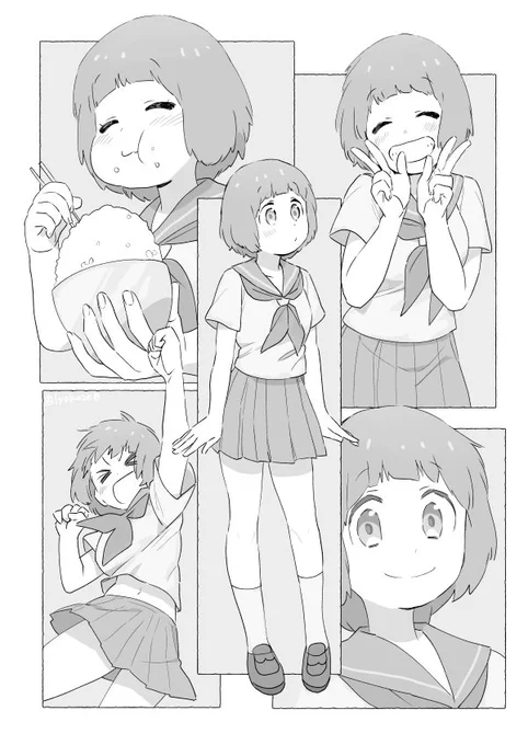デザインの参考にしたのはアニメ「キルラキル」の満艦飾マコ。アニメが終わってからハマったので、私の絵柄がだいぶ本家から離れてしまってますけど、ふわっふわな見た目に反してどえらいズレた性格の子だけど友達思いの行動力天元突破な女子高生!笑顔とかそのまんまパーツ使ってますが→ 