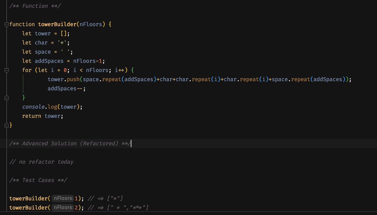 spianoDev's tweet photo. Day65 in round2 of #100DaysOfCode had me building a tower. These have always stumped me in the past and now I want to go back and revisit my unsolved problems. #SoftwareEngineer #GreenGitHub #javascript #WomenWhoCode https://t.co/h9fmY7Tyny
