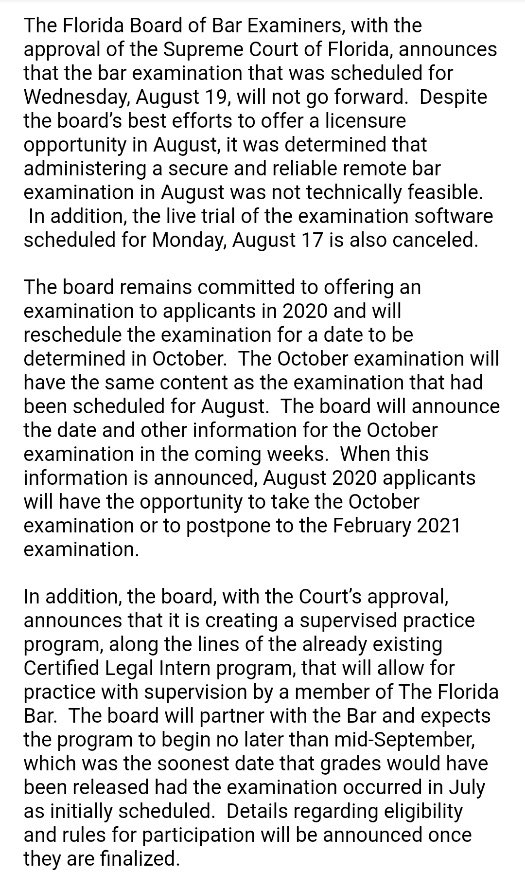 gc2esq's tweet photo. This was sent out at 10PM, three days before the #FLBarExam. This situation presages a complete overhaul at the highest levels of the #FBBE by the @flcourts. This has been a massive failure of transparency and execution. We can do better! https://t.co/rdlTaVocVD