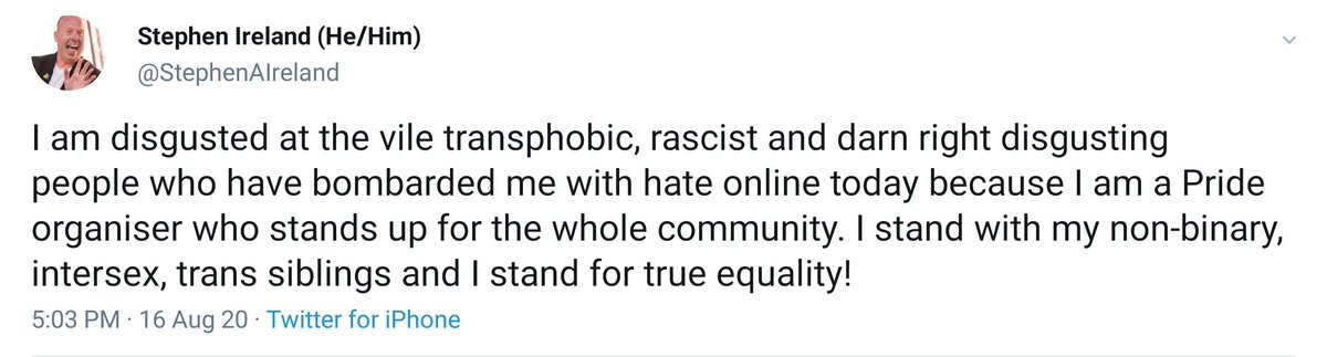 2/ ... dragon. Now he's trying to paint himself as a victim. His onesided view of LGBTQI+ADNAUSEUM is also on view in his whiney tweet. Notice who he doesn't mention standing with: women, lesbians, gays or LGB youth. He'd accused me of killing transpeople, voting for Trump,